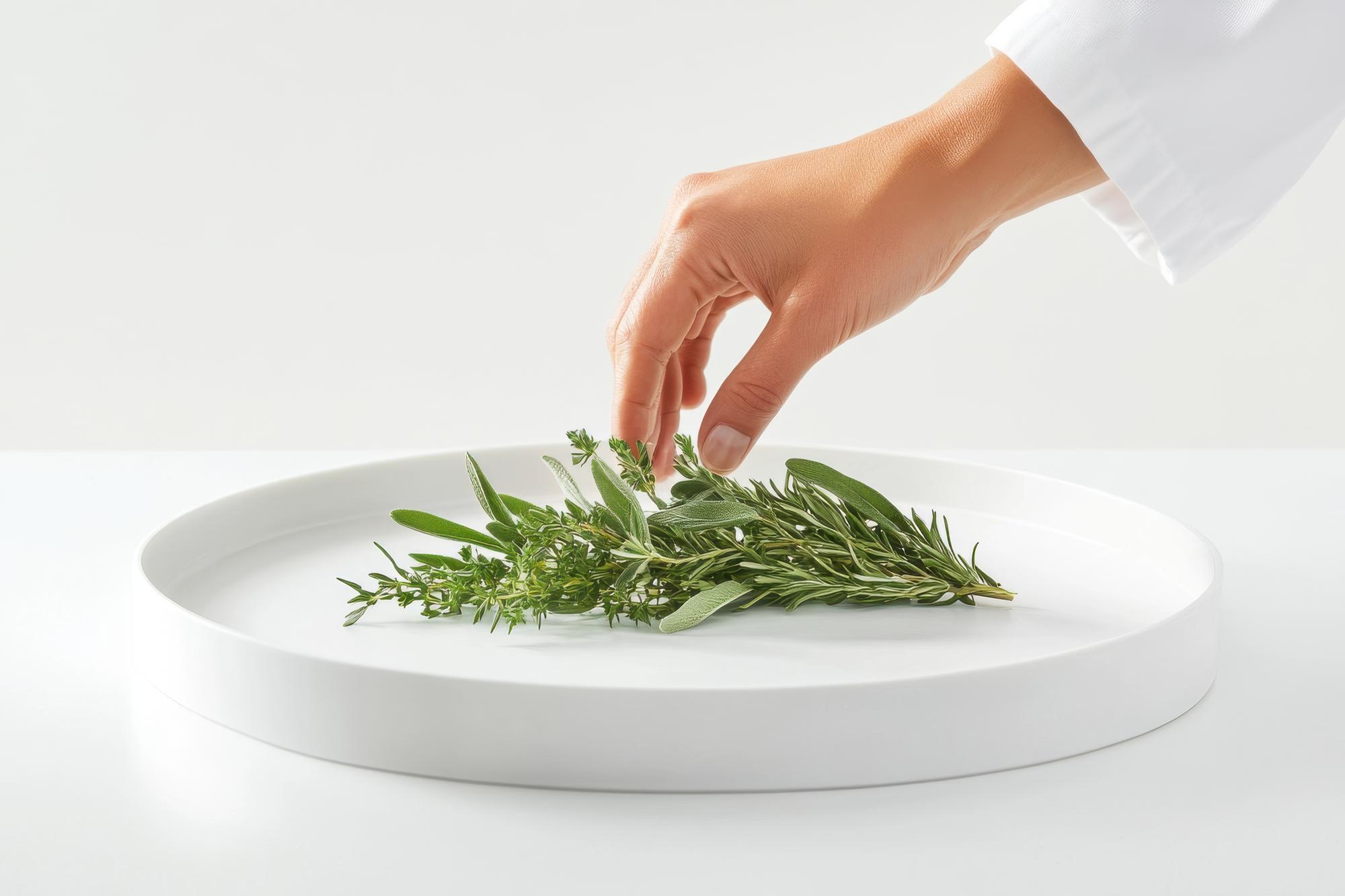 Hands preparing plated dish